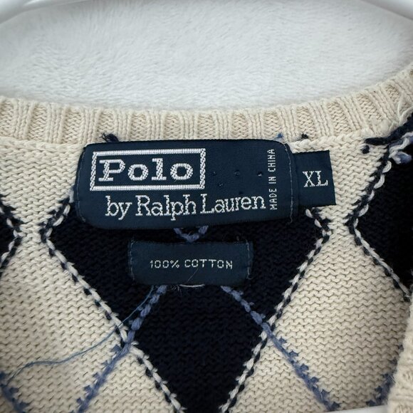 Polo Ralph Lauren Sweater Mens XL Cream Argyle Diamond V Neck Pullover Knit - Picture 3 of 8